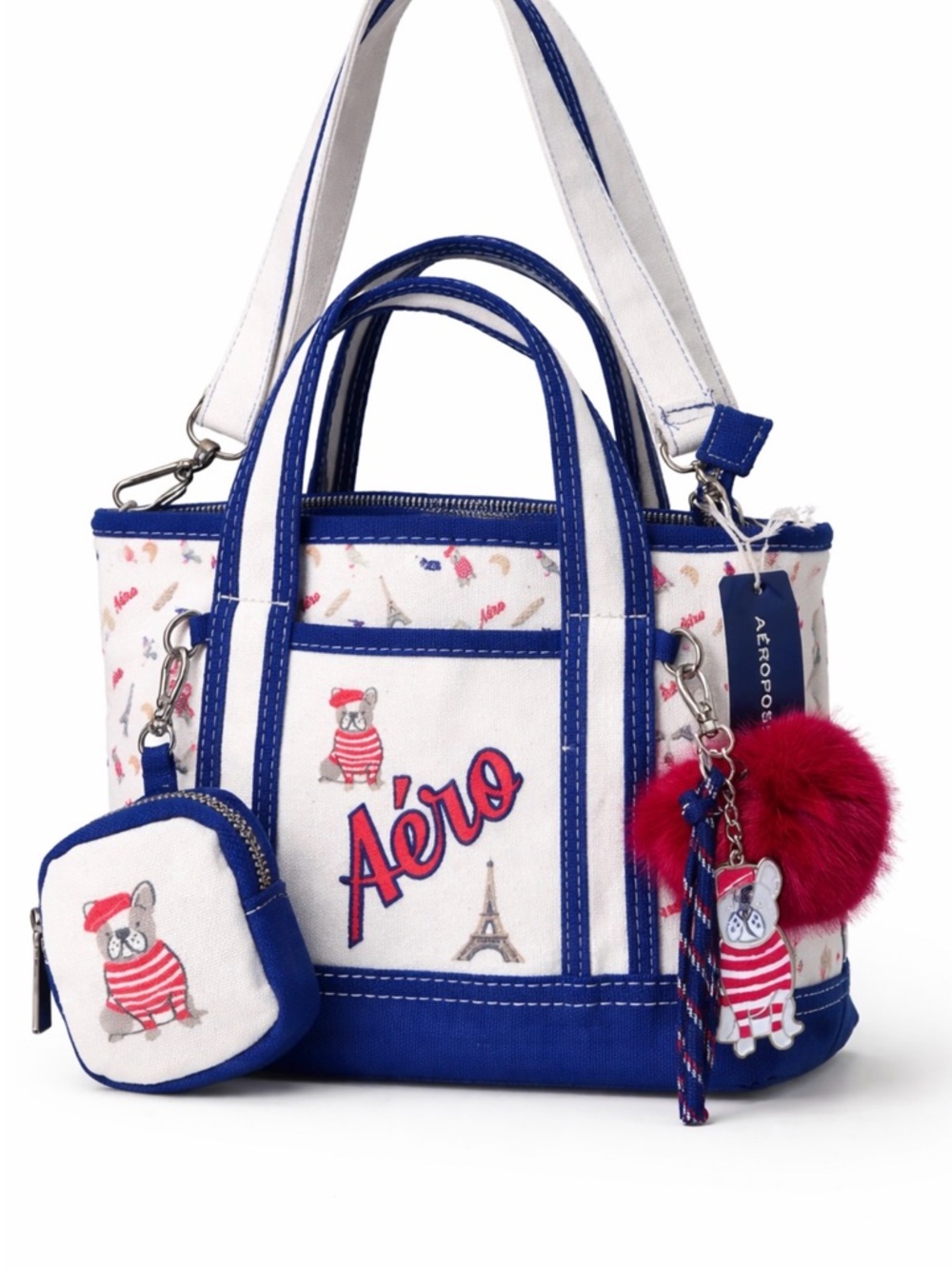 Aeropostale White, Royal Blue & Red Mini Tote with Pom Charm